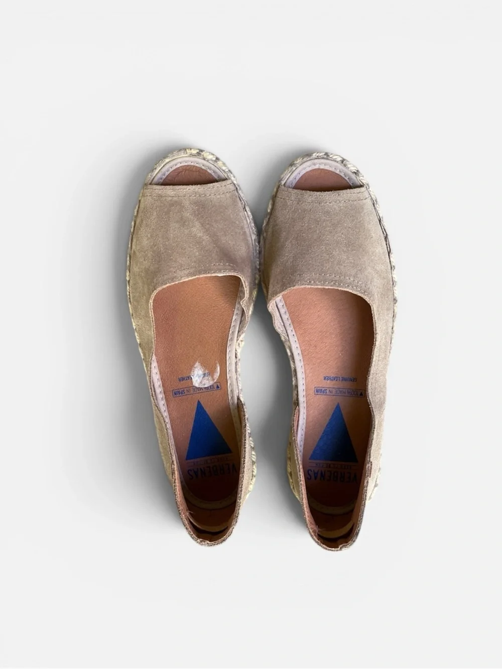 Verbenas Cruz Suede Peep Toe Espadrille Sandal in Stone Handmade in Spain Sz 38